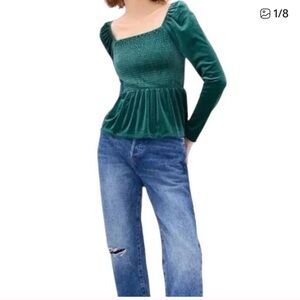 GAP Velvet Smocked Square Neck Peplum Green Top, Size XL